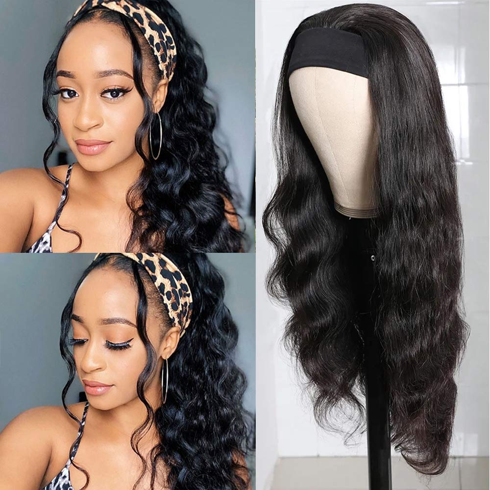 20 inch Headband Wig Human Hair Brazilian Body Wave Hair Glueless Human Hair Wigs No Lace Headband Wigs for Black Women Human Hair Natural Color Full Machine Wigs