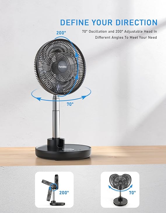 FARADAY Oscillating Standing Fan 12 Foldable Portable Quiet Floor Fan 12000mAh Rechargeable Pedestal Fan with Remote, Timer Setting, Height Adjustable Foldaway Fan for Bedroom Home Office, 6 Speed