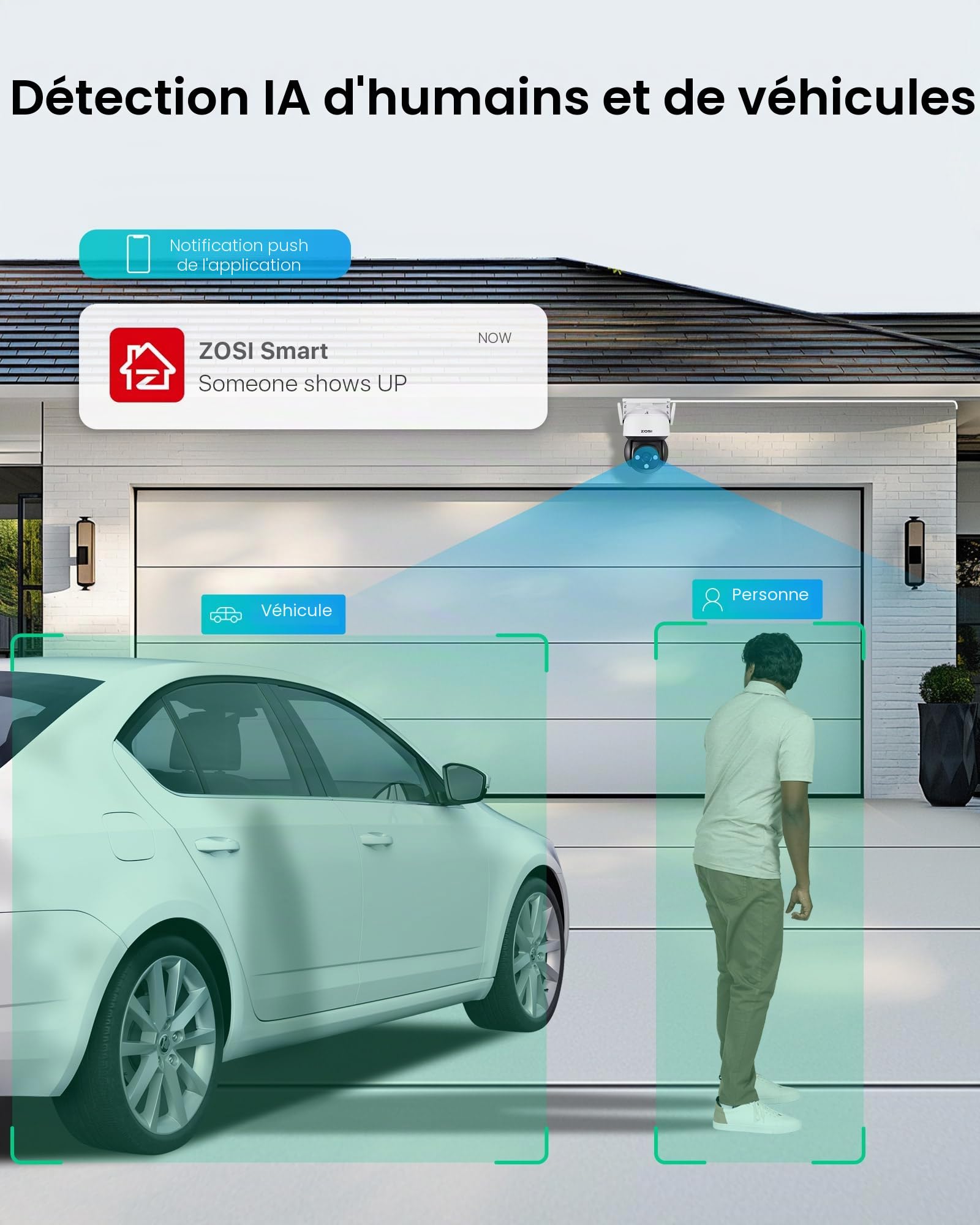 ZOSI 1080p Pan & Tilt 360° Caméra de Surveillance Extérieure | Détection IA Humaine/Véhicule Audio Bidirectionnel Alerte Sonore et Lumineuse Vision Nocturne Stockage Cloud/Carte Mémoire