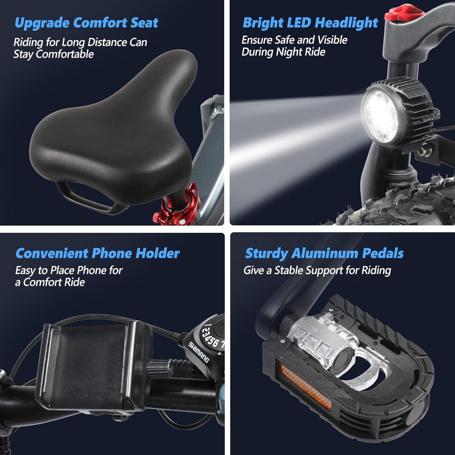 Collage showing the upgrade comfort seat, bright LED headlight, convenient phone holder, and sturdy aluminum pedals.