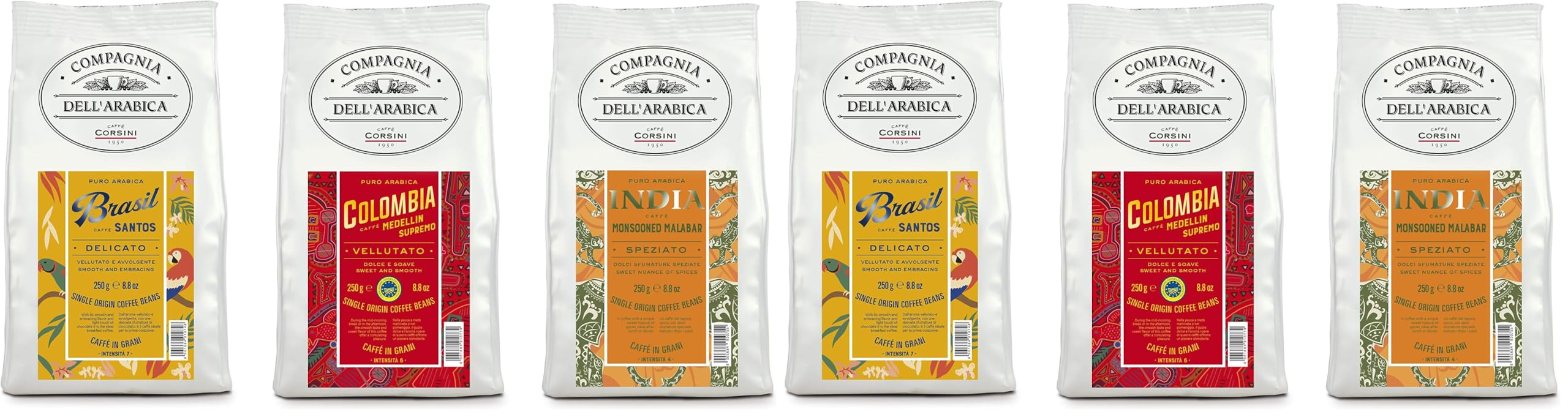 Caffè Corsini - Café en Grano 3x250g Compagnia Dell’Arabica Mix Brasil/Colombia/India, Mono Origen, 750g en Total. (Paquete de 2)
