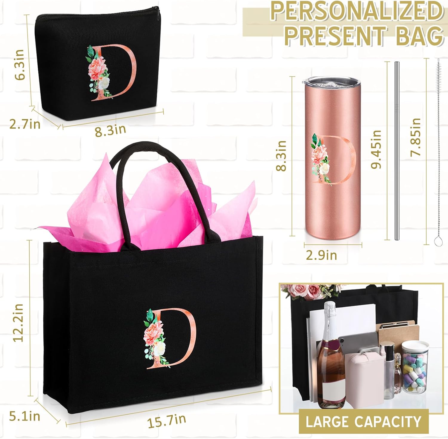 Huhumy Initial Canvas Tote Bag for Women Initial Gifts Makeup Bag Personalized Monogram Tumbler Mother Day Teacher Gifts