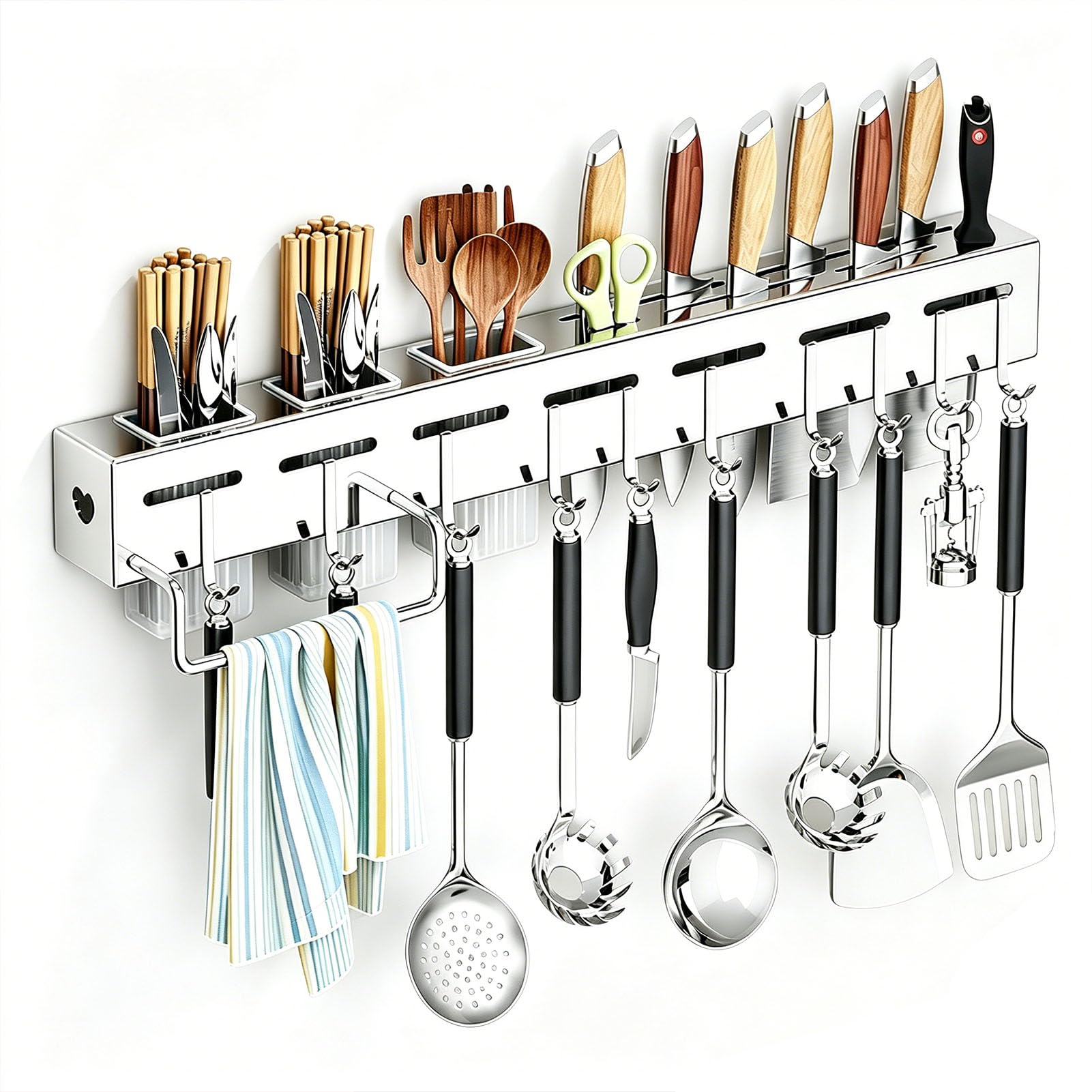 TBATM Kitchen Corner Wall Organizer, Multifunctional Knife Holder Storage Rack for Knives, Chopsticks and Cooking Tools,Towel Rack Hook,60cm