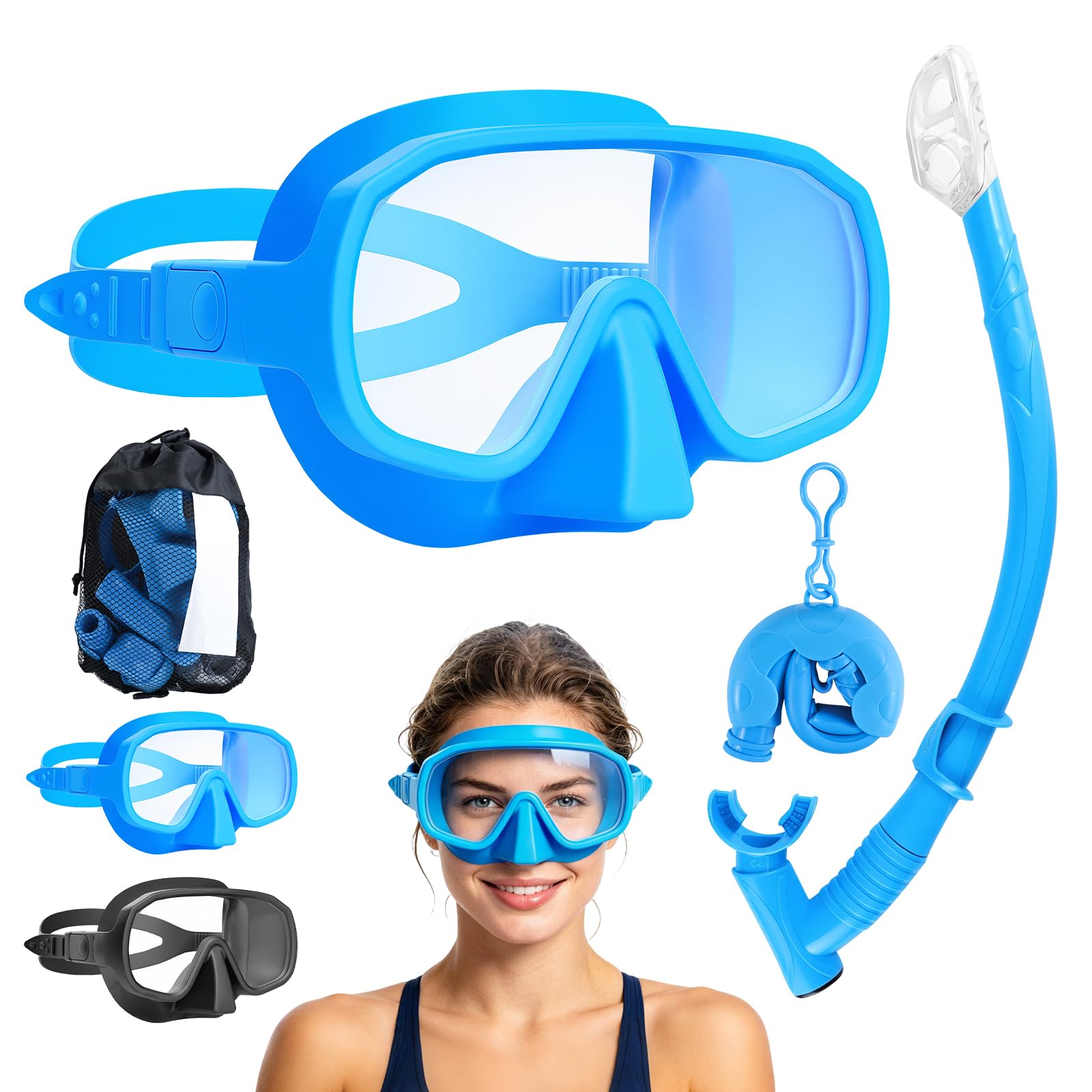 Ensemble de Snorkeling Pgtc pour Adultes, Masque de plongée sans Cadre avec Vue panoramique Ultra-Large, Verre trempé Anti-buée, équipement de plongée Portable avec Sac de Transport