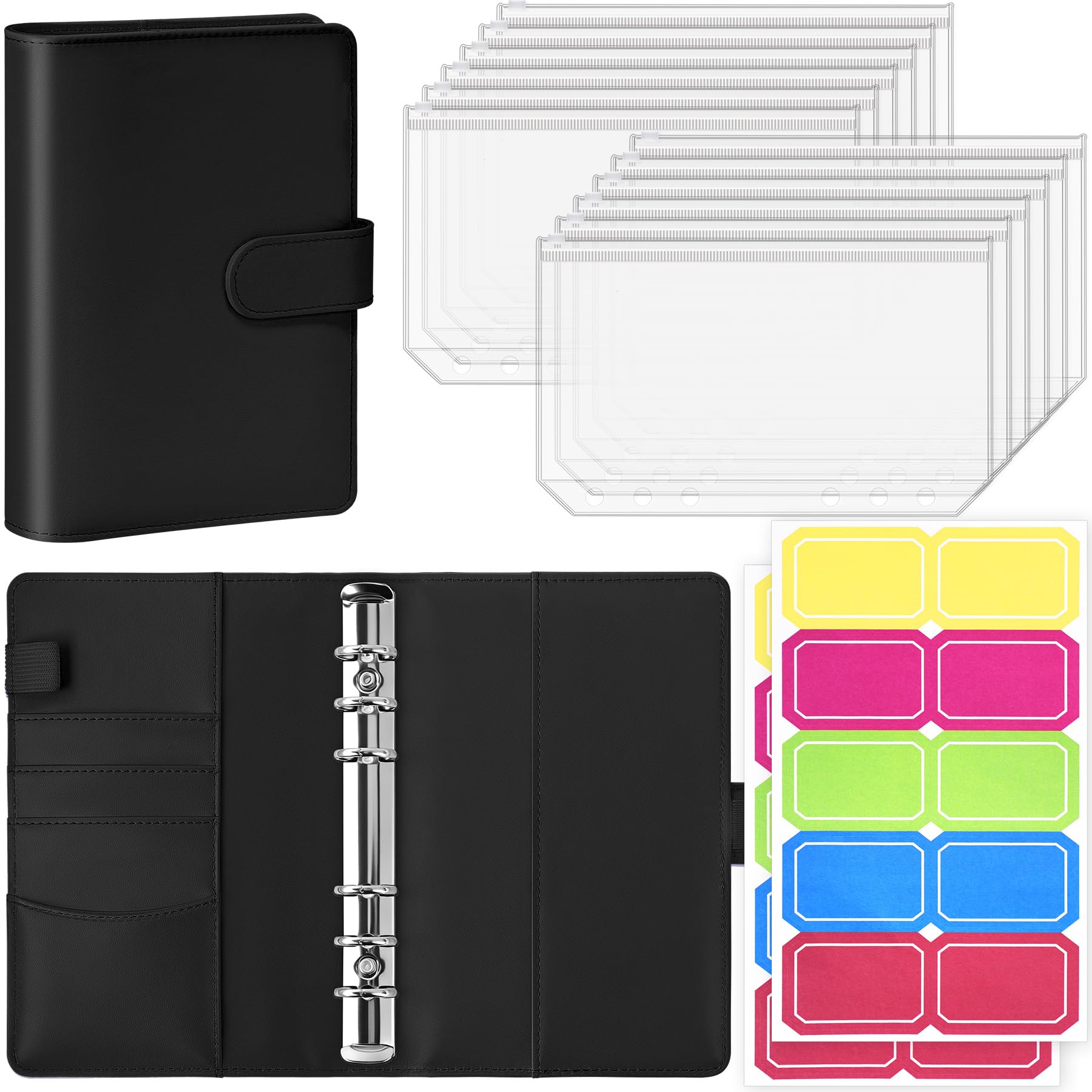 Antner A6 Budget Binder with Zipper Cash Envelopes for Money Organizer &amp; Budgeting, PU Leather Budget Planner Money Saving Binder with Cash Stuffing Envelopes &amp; Labels for Home Office Travel, Black