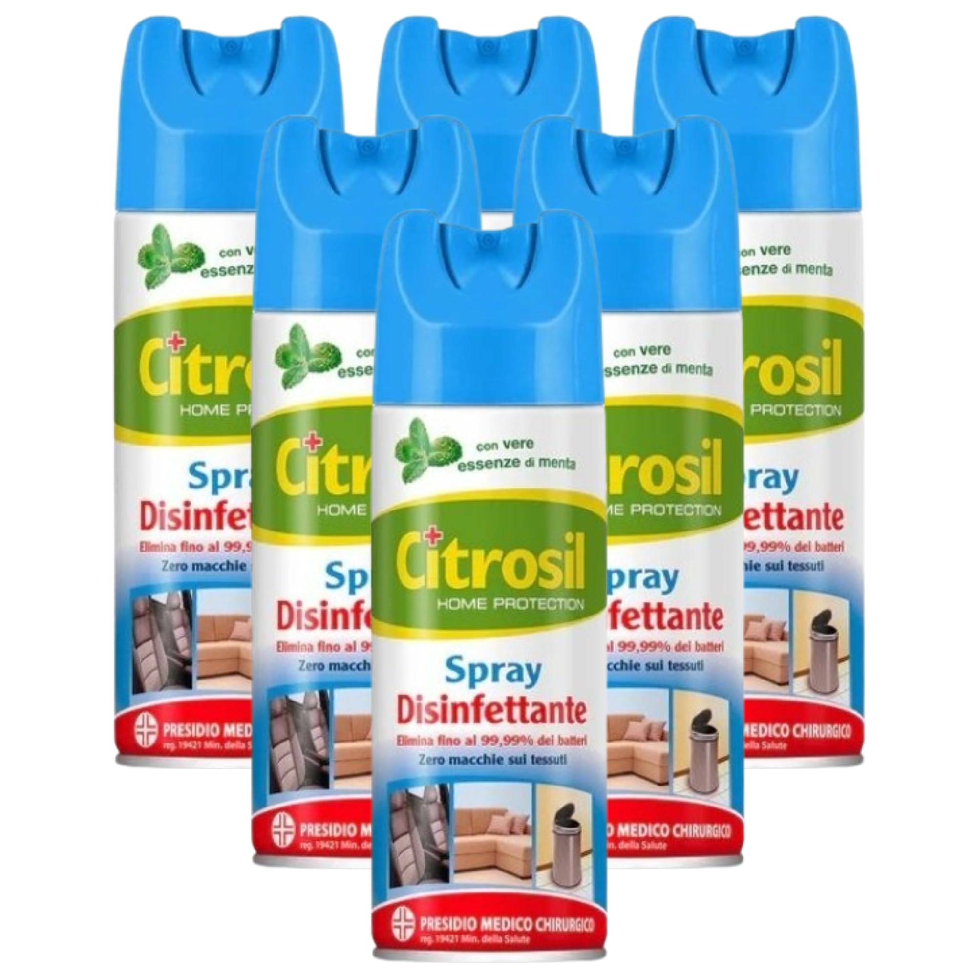 Spray Disinfettante, Elimina Fino Al 99,99% Dei Batteri, Zero Macchie Sui Tessuti, Con Vere Essenze Di Menta 300ml (6 Spray)