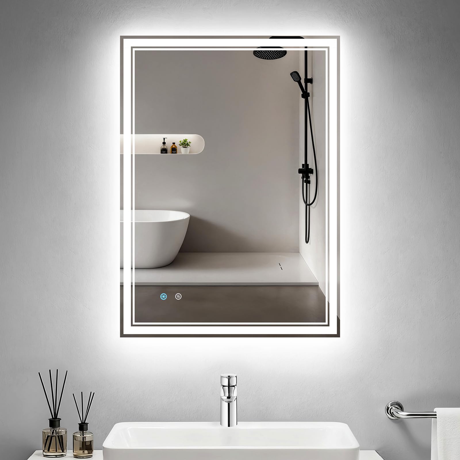 Miroir de Salle de Bain LED 60x80 cm, Double Éclairage (Frontal + Rétroéclairage), Miroir Rectangulaire Anti-Buée Rapide, Luminosité Dimmable 3 Couleurs, Fonction Mémoire, IP44