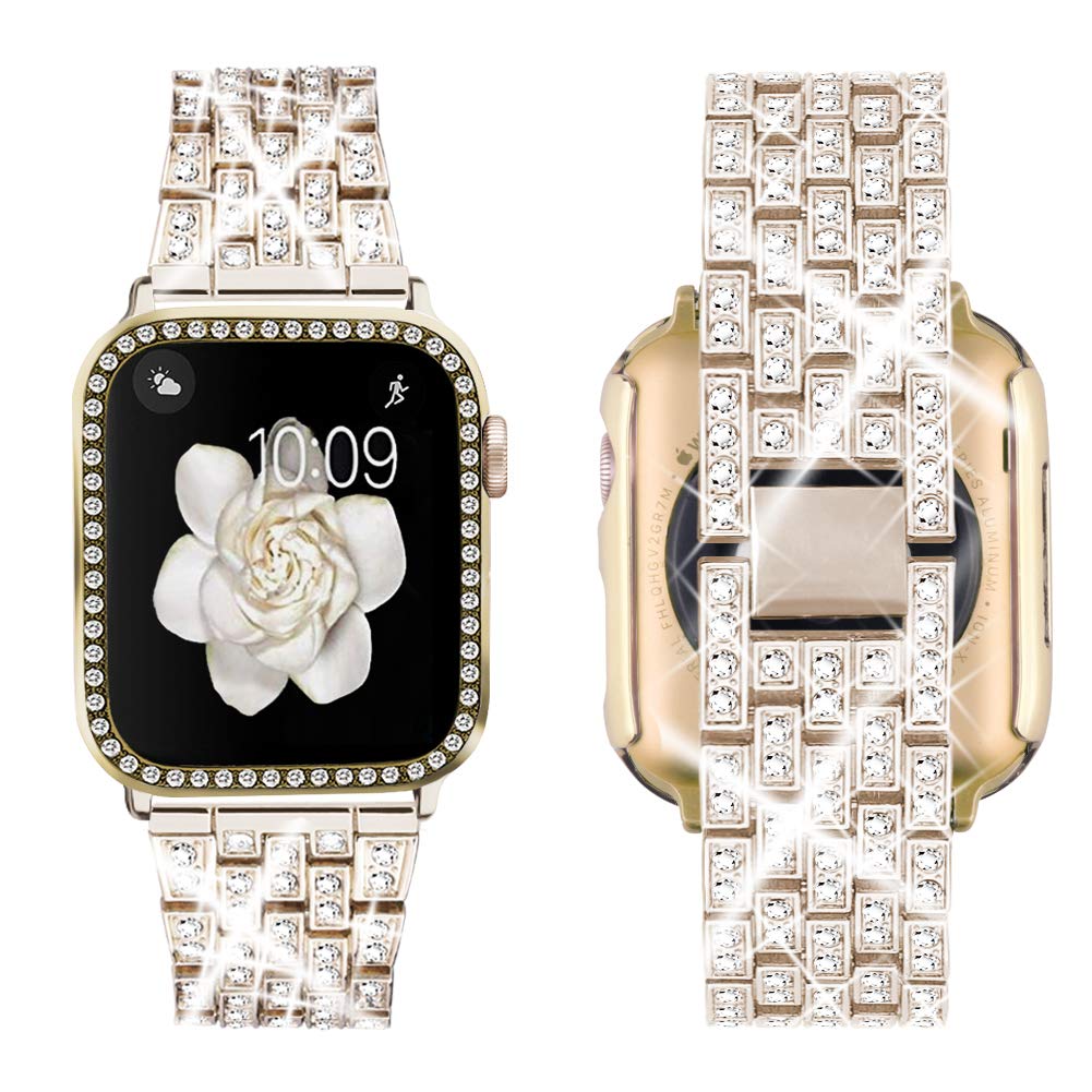 Supoix Compatible with Apple Watch Band 38/40/41/42/44/45/46/49mm+ Case, Women Jewelry Bling Diamond Rhinestone Replacement Metal Bands & 2 Pack PC