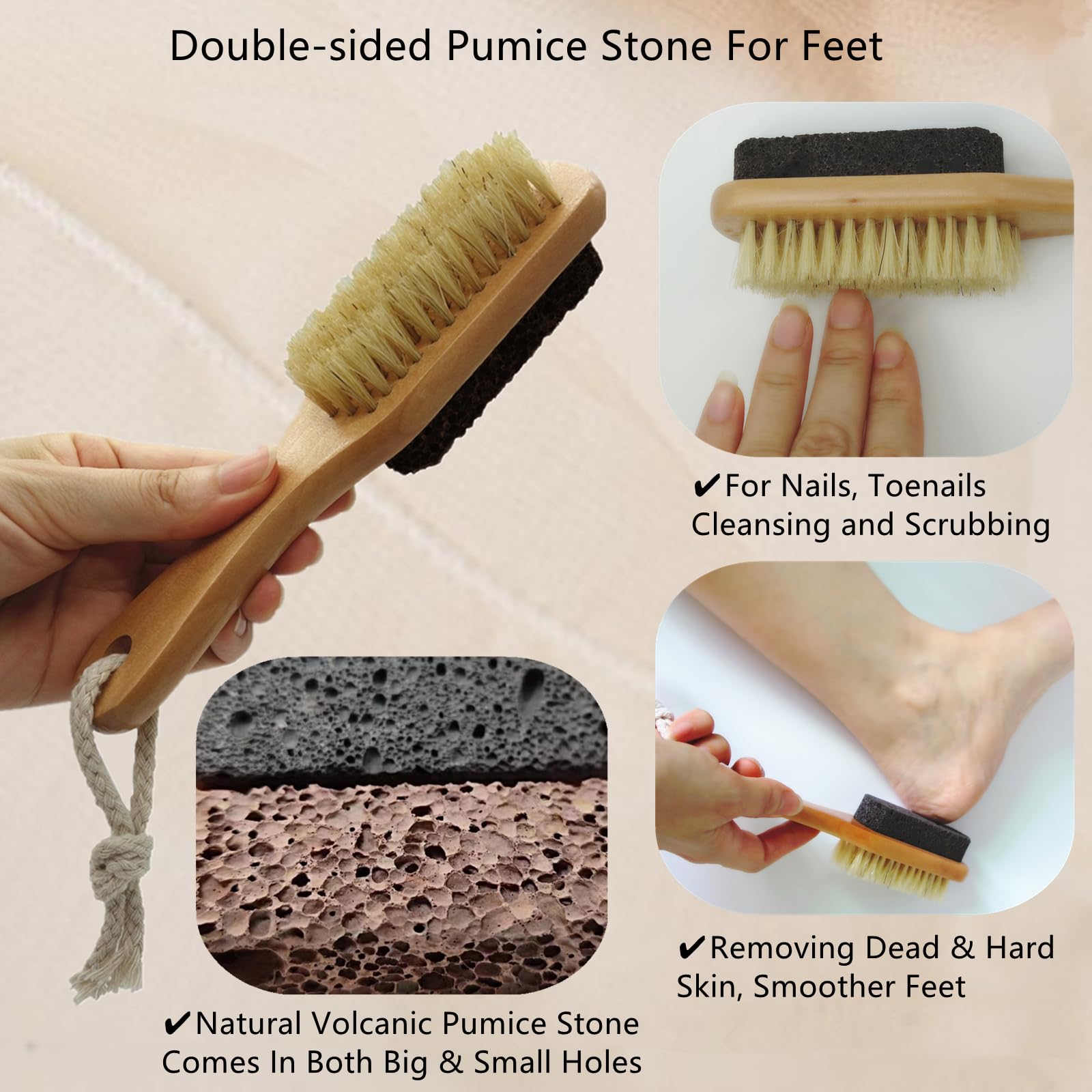 Piedra pómez de lava natural para pies con cepillo, removedor de callos, exfoliante, herramientas de pedicura para piel muerta dura, pies más suaves y lisos, cerdas de jabalí de doble cara