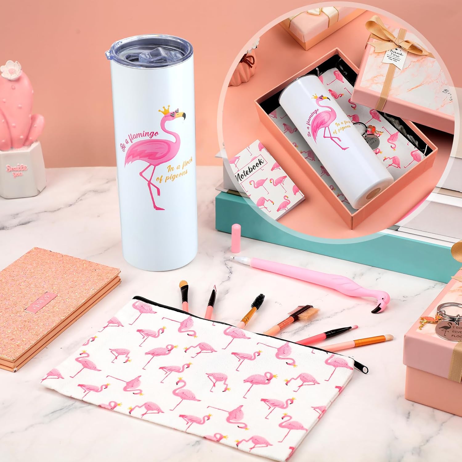 Panitay 6 Pcs Flamingo Gifts Set for Women Flamingo Stainless Steel Tumbler 20 Ounce with Straw and Brush Socks Notebook Pen Cosmetic Bag Keychain for Women Birthday Christmas Party Gift - Image 3