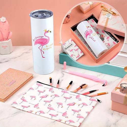 Miniatura 3 de Panitay Juego de 6 Regalos de Flamenco para Mujeres, Vaso de Acero Inoxidable de Flamenco de 20 Onzas con Pajita y Cepillo, Calcetines, Cuaderno,