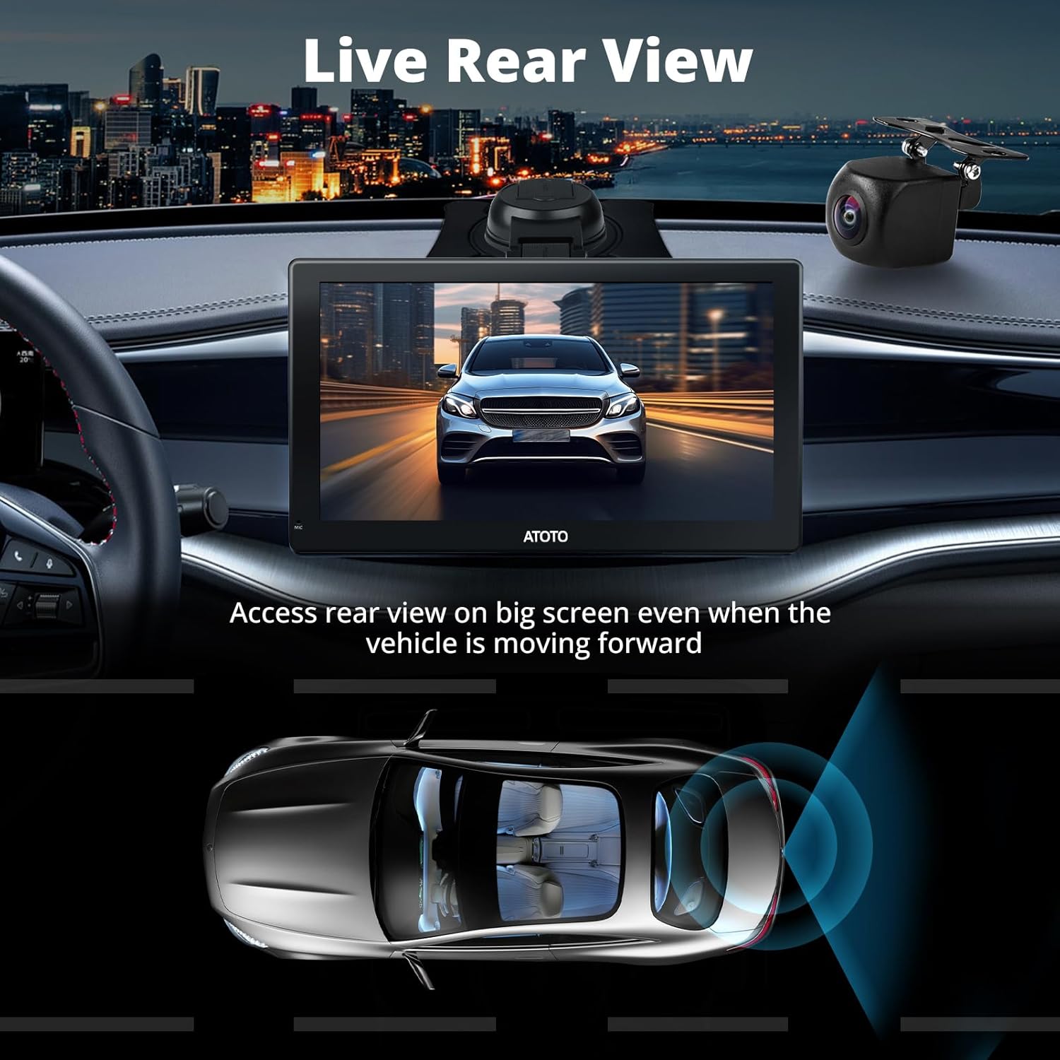 Dashboard screen showing live rear view while driving forward