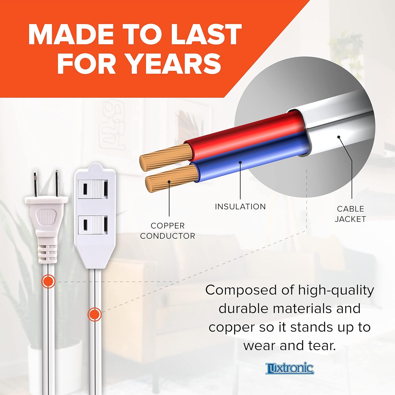 Luxtronic 2-Prong Indoor White Extension Cord 3 Pack, Includes 3 Polarized Outlets w/ Safety Sliding Window for Protection, 6 Feet Long for Extra Reach, ETL Certified, 16 Gauge, 125 Volts - - 