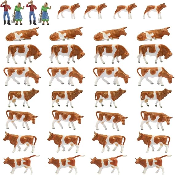 Farm Animals Figure Set,AN8705 36PCS 1:87 Well Painted Model Cows and Figures for HO Scale Model Train Scenery Layout Miniature Landscape New