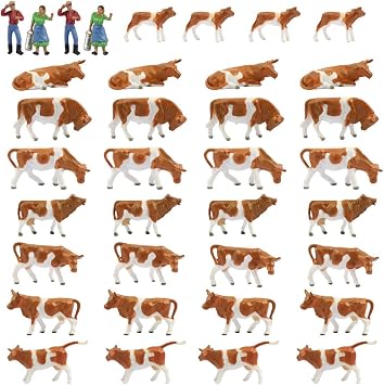 Farm Animals Figure Set,AN8705 36PCS 1:87 Well Painted Model Cows and Figures for HO Scale Model Train Scenery Layout Miniature Landscape New
