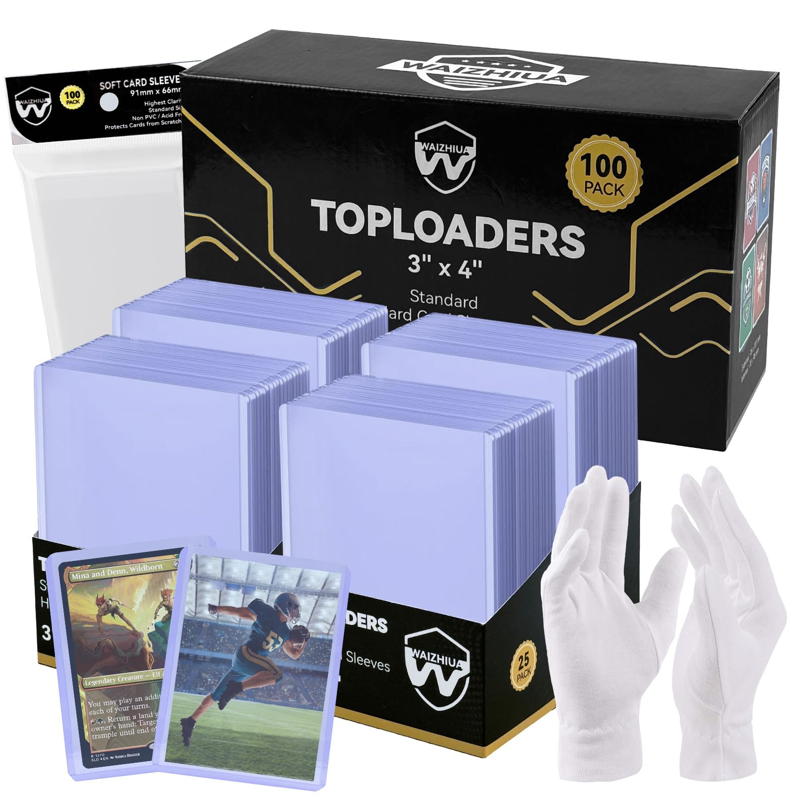 WAIZHIUA 100 Pcs PRO Toploaders - 3x4 Standard Trading Card Sleeves, Top Loaders wtih 100 Penny Sleeves and Gloves, Semi Rigid Card Holders Fit for Sports, Game, MTG, Football Cards