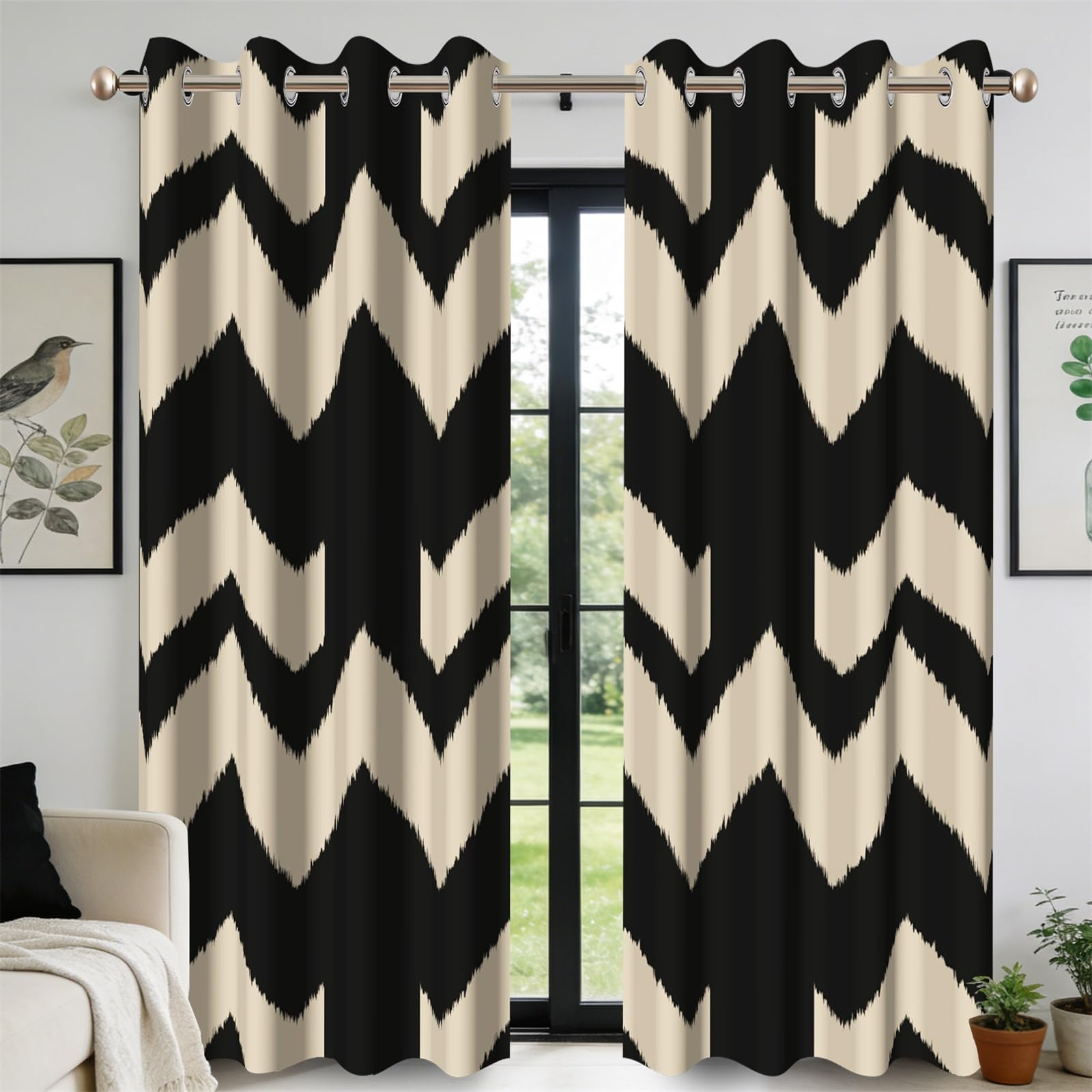 Rideaux occultants imprimés Beige et Noir 140x245cm pour Chambre et Salon, Lot de 2 Panneaux, Motif à Rayures abstraites, Style Moderne et élégant, œillets, Isolation Thermique.