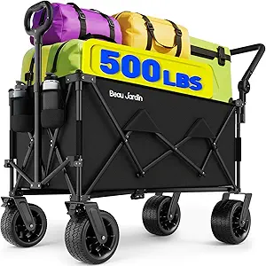 BEAU JARDIN Folding Push & Pull Beach Wagon 500 lbs Collapsible Foldable Wagons with Push Handle All Terrain Wheels Grocery Utility Camping Sports Garden Wagon Cart Black