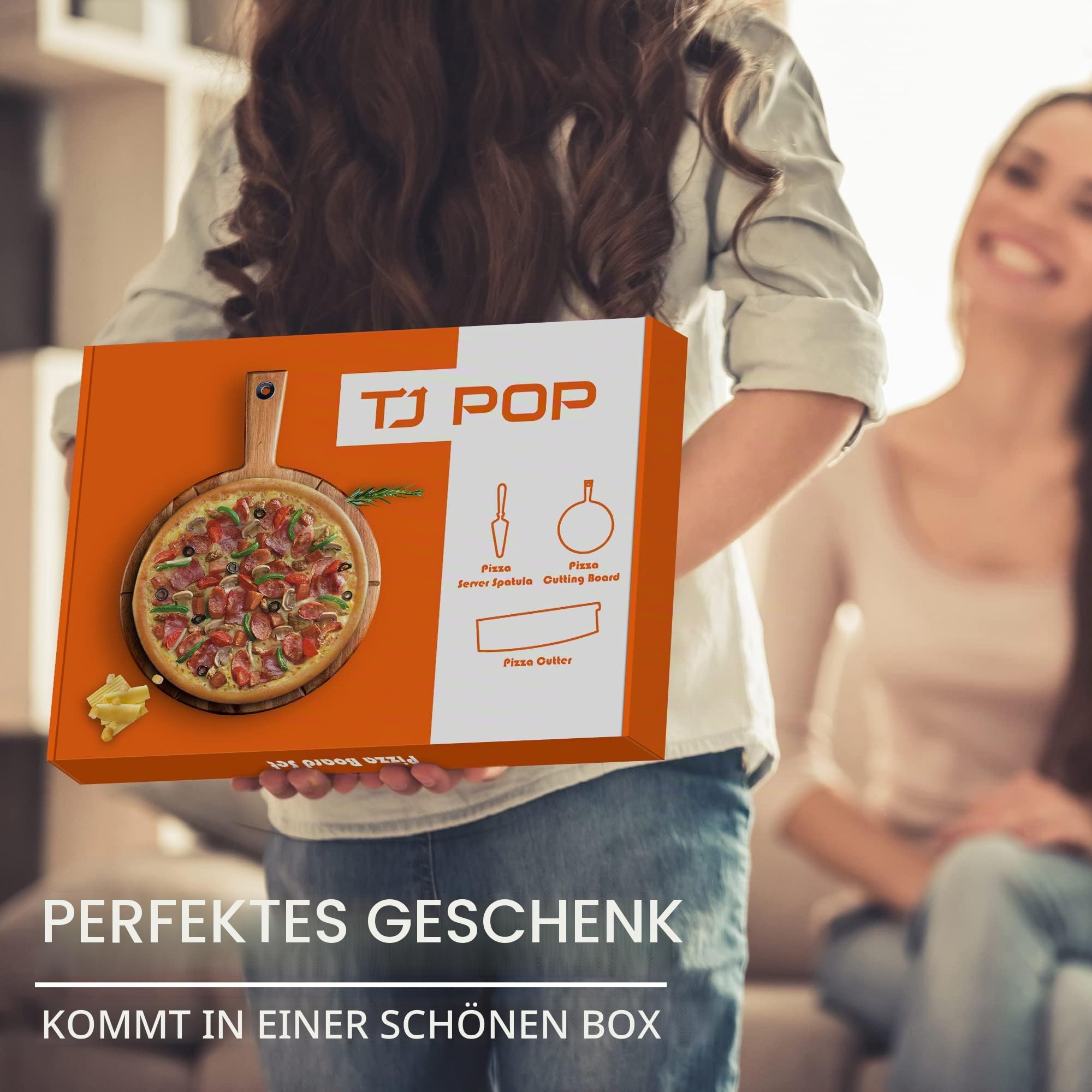 Pizzabrett Akazienholz, TJ POP 30 x30 cm Pizzateller Pizzaschneidebrett mit Pizzaschneider und Pizzaschale, rundes Pizzaschneidebrett Serviertablett zum Backen von selbstgemachter Pizza