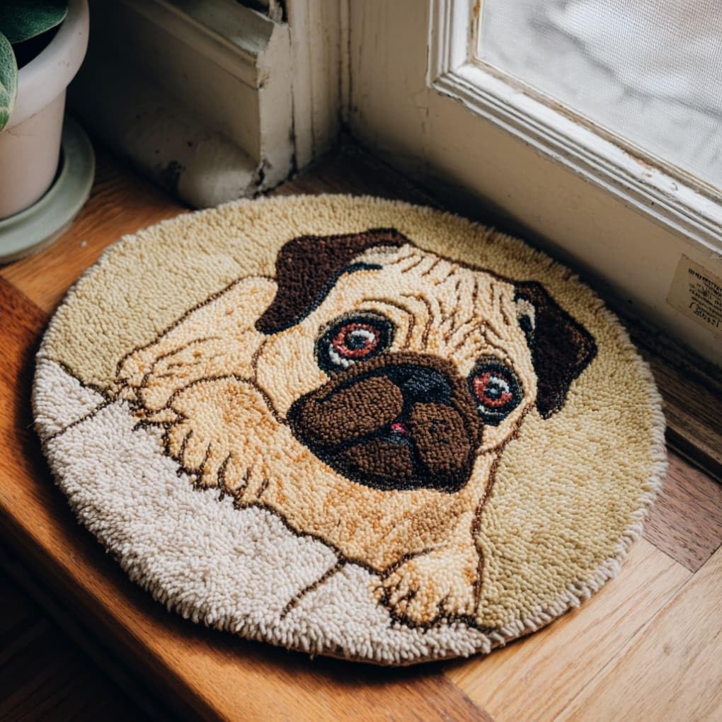 kitphoenix Round Shape Latch Hook Kits Rug Pug DIY Cushion Rug Carpet Making Crochet Hook Kits Preprinted Pattern Canvas Cushion Yarn Hooking Kits Mat Kits 50X50Cm