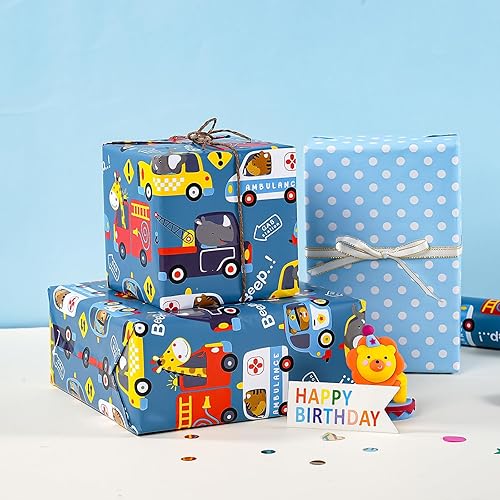 Vista 478 de WRAPAHOLIC Papel de regalo reversible, mini rollo, 17 pulgadas x 33 pies, adorable diseño de gato y azul sólido para cumpleaños, vacaciones