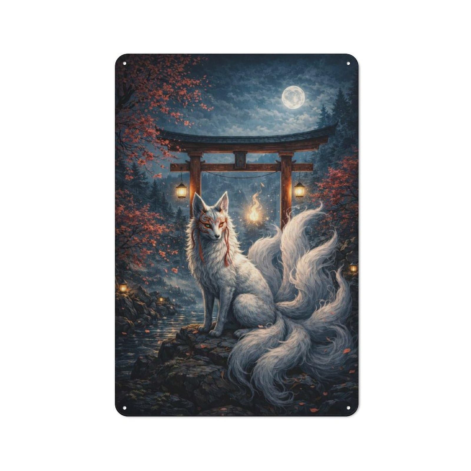 Vintage Nine-tailed Fox in Japanese Landscape Metal Plaque 30x20cm, Kitchen Wall Decor for Restaurant, Kitchen, Counter Or Breakfast Nook