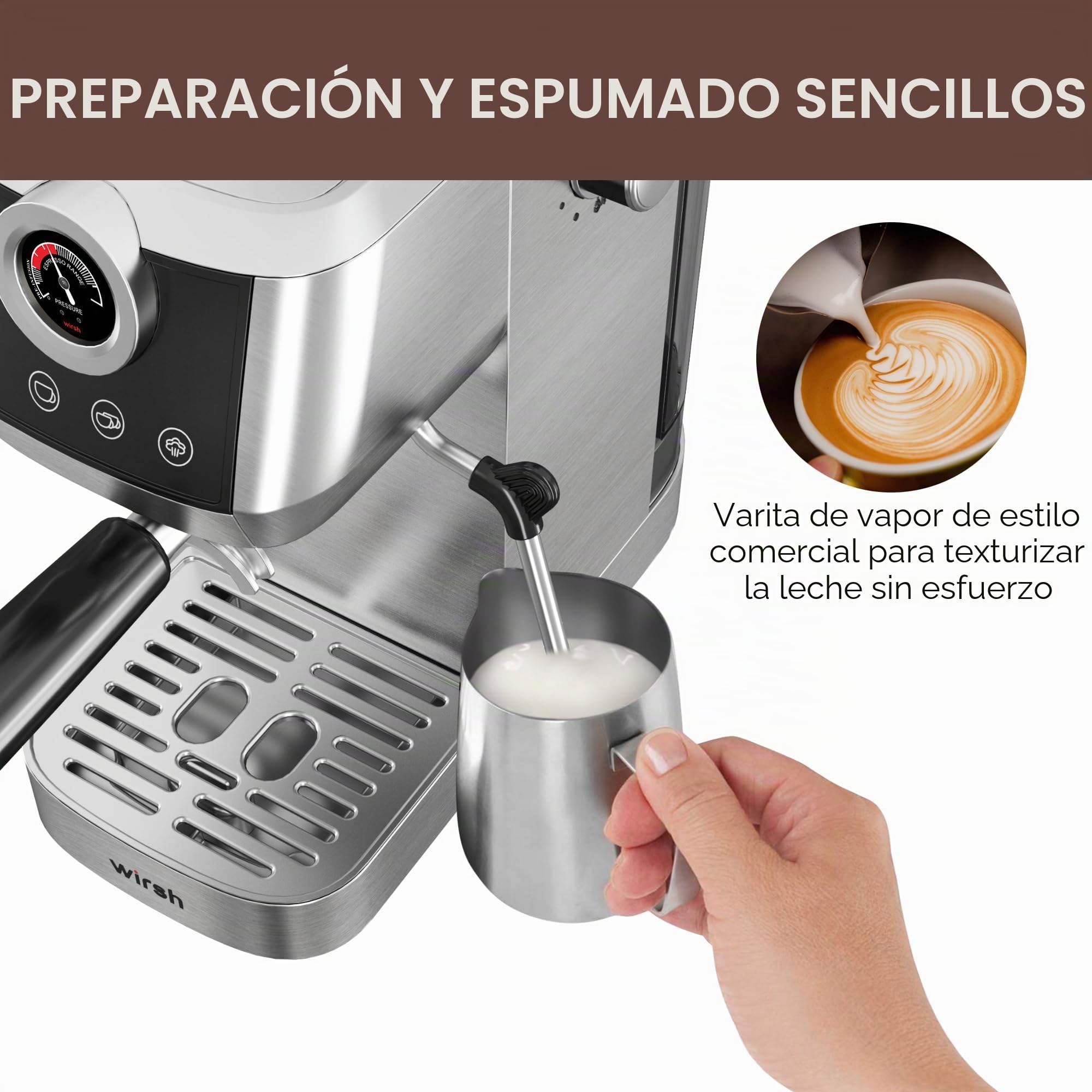 wirsh Máquina de expreso, cafetera espresso de 15 bares con vaporizador comercial para café con leche y capuchino, cafetera espresso con tanque de agua extraíble de 40 onzas, acero inoxidable completo