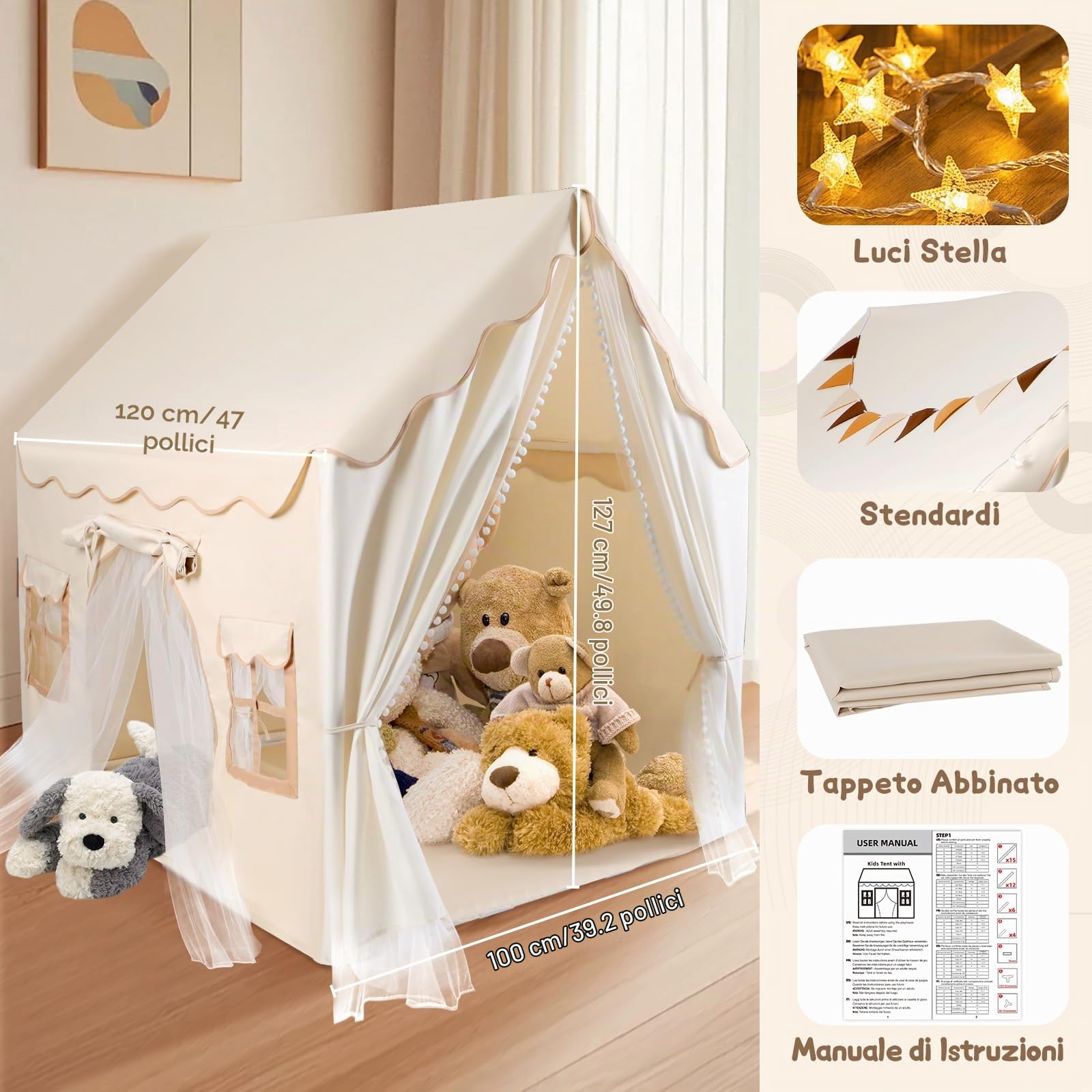 JONRRYIN Tenda per Bambini con 2 Porte, Tenda da Gioco per Bambini Interni Esterni con Sottotenda e 2 Finestre, Cameretta Tenda Letto con Luci e Bandierine, Casetta Tenda per Bambini Regalo