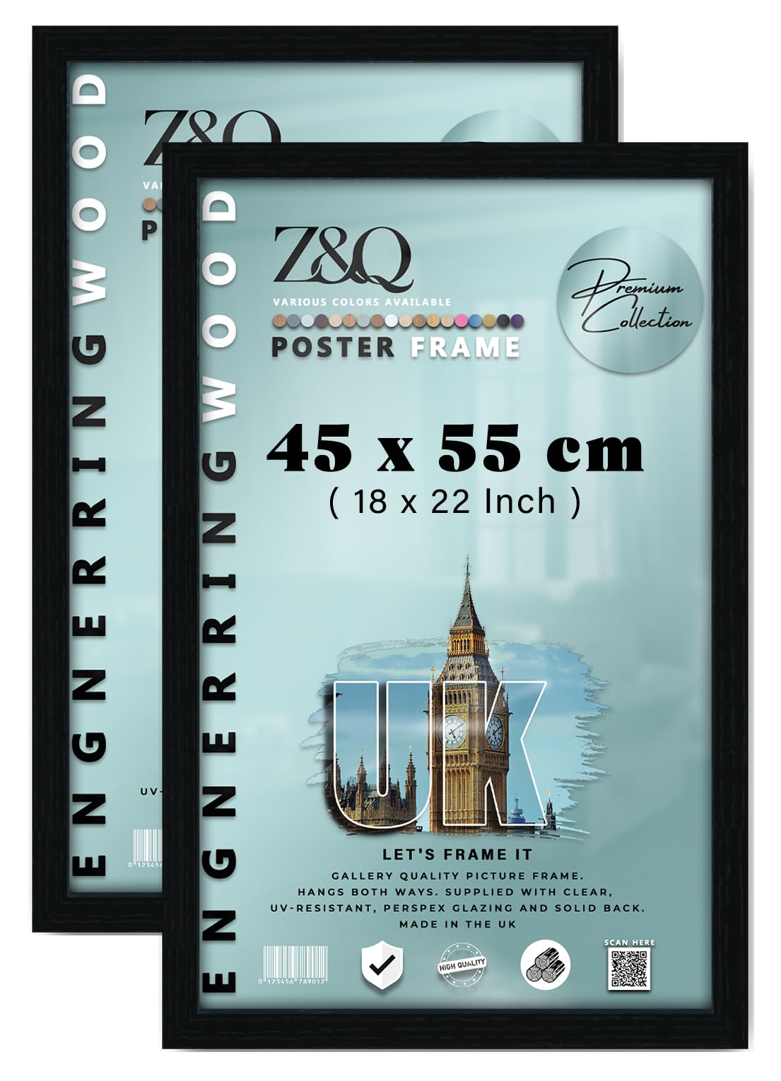 Z&Q pack of 2 Minimalist MDF Frame (45 x 55 CM) Home & Office Décor, Wood Texture Finish 22 Inch x 18 Inch Hanging Poster Holder, 450 x 550 mm [ Black ] — image 1