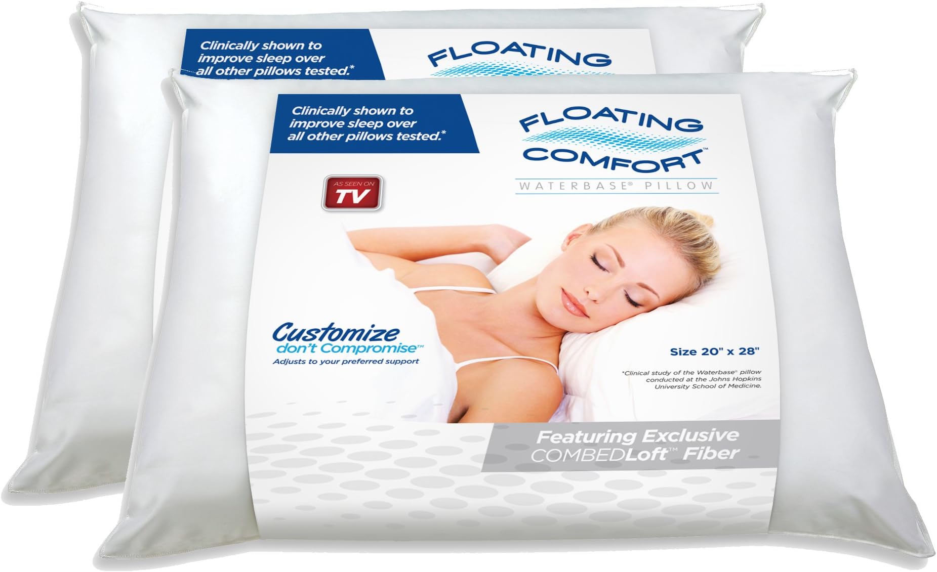Floating Comfort Fiberfill pillow - Twin Pack Fiberfill Waterbase pillow - The world's first water pillow, clinically proven to reduce neck pain and improve sleep.