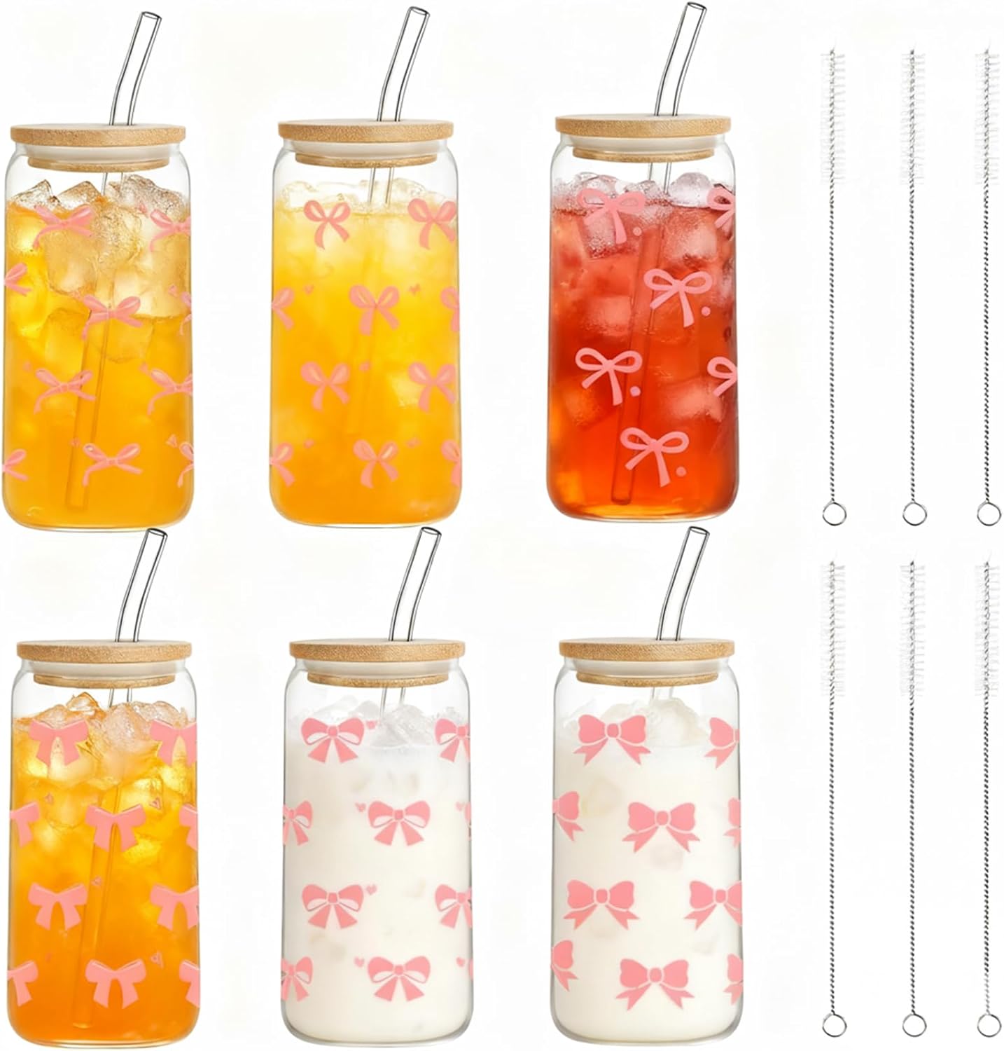 Pink Bow Glass Cups with Lids and Straws, 6 Set 16 OZ Coquette Bow Aesthetic Glass Reusable Iced Coffee Cup Smoothie Tumbler with Bamboo Lid, Reusable Straw & Cleaning Brush for Girls Women Sister