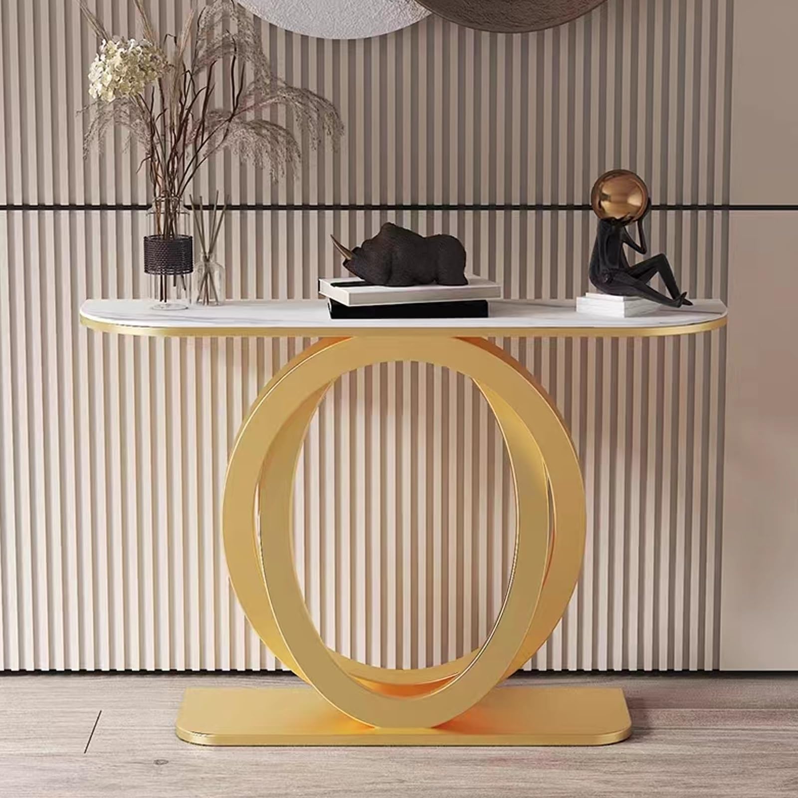 Tavolo Consolle Ingresso Stretta con Divano, Tavolo Moderno in Finto Marmo con Base Geometrica, Adatto A Ingressi, Soggiorni E Ingressi(Gold,80cm/31.4in)