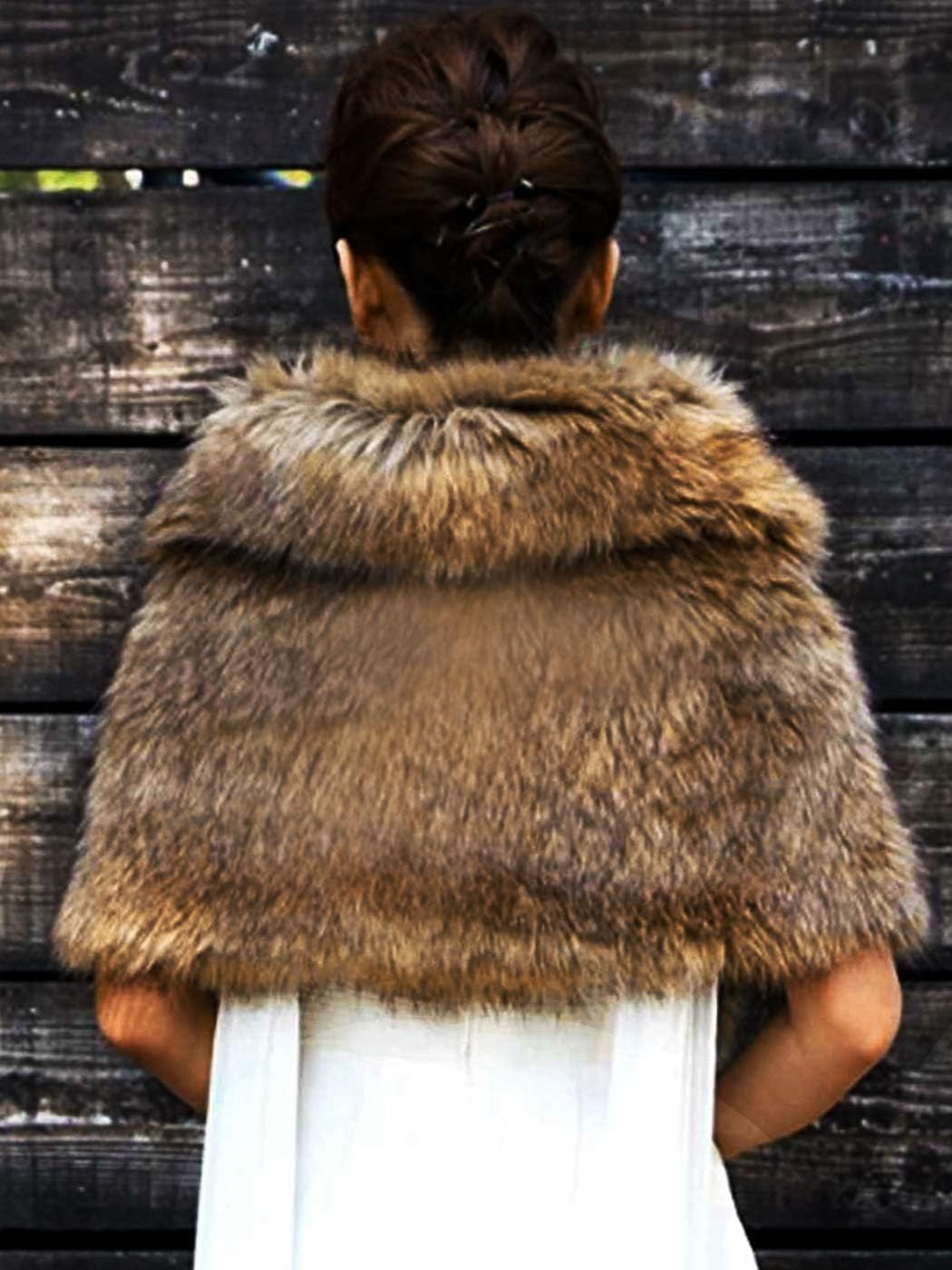 Aukmla Women's Wedding Fur Wraps and Shawls Bridal Fur Stoles Scarf with Rhinestones Brooch for Bride and Bridesmaids - Image 2