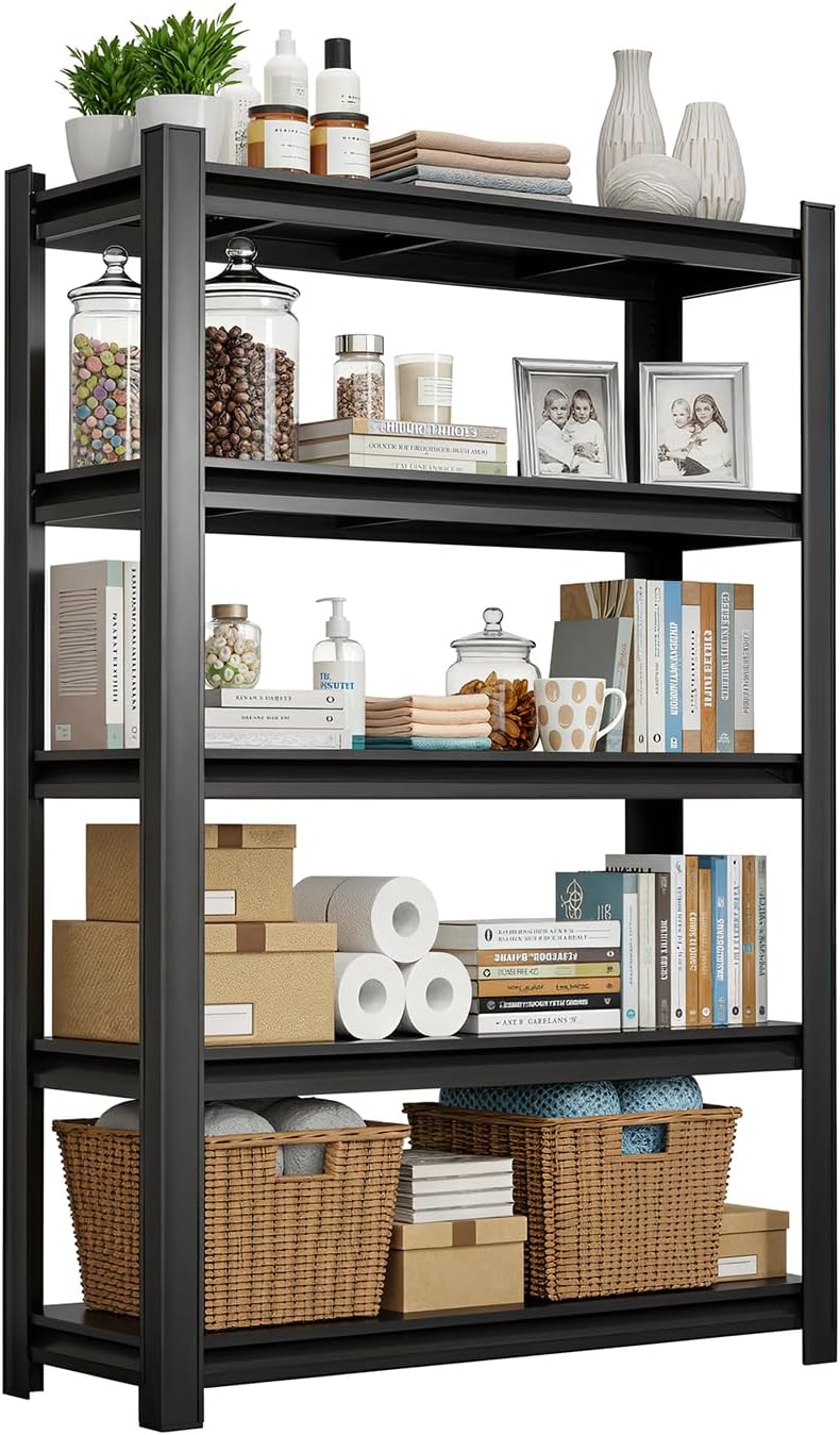 pusuke スチールラック 5段 ブラック, 高耐荷重 収納棚, アウトレット