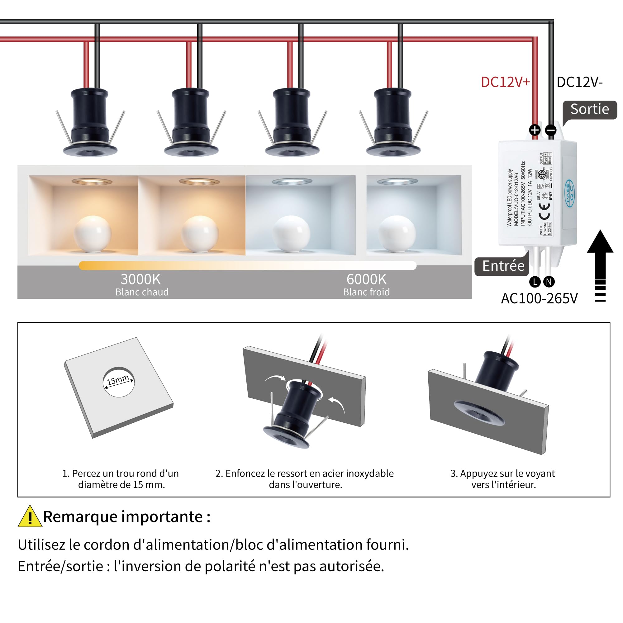 Lot 9 Mini Spots LED 12V 1W Encastrables IP65 Blanc Chaud - Cuisine, Escalier, Placard