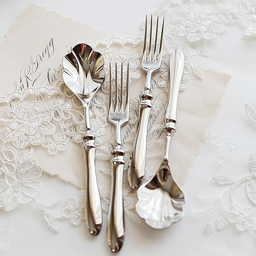 Miniatura 8 de Juego de cubiertos de 40 piezas para 8, juego de cubiertos de acero inoxidable 1810, pulido con patrón de tortuga, juego de vajilla fina para comer