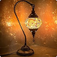 Yarra-Decor Handmade Turkish Moroccan Mosaic Glass Bedside Lamp Bronze Base Swan Neck 3 Colors LED Bulb Included