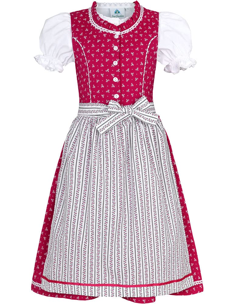 Isar-Trachten Dziecięca sukienka Dirndl Julienne - różowa - 3-częściowa sukienka bluzka fartuch dla dziewczynek na Oktoberfest Kirchweih wesele niedzielna wycieczka, Rosa, 86 cm