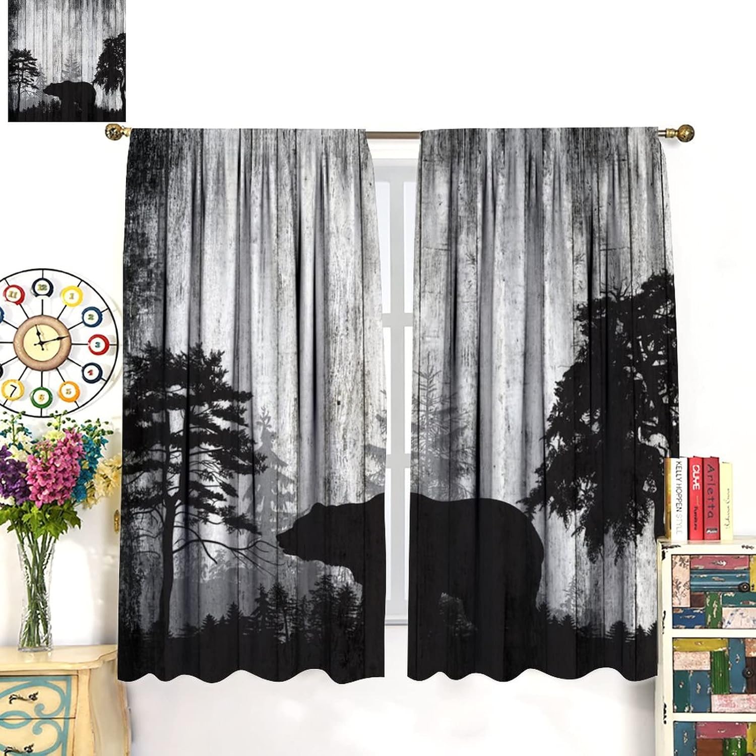 Rustic Black Bear Blackout Curtains for Bedroom,Retro Farmhouse Decor Animal Theme Forest Wildlife Bear Window Treatments Rod Pocket 2 Panels 63L x 21W