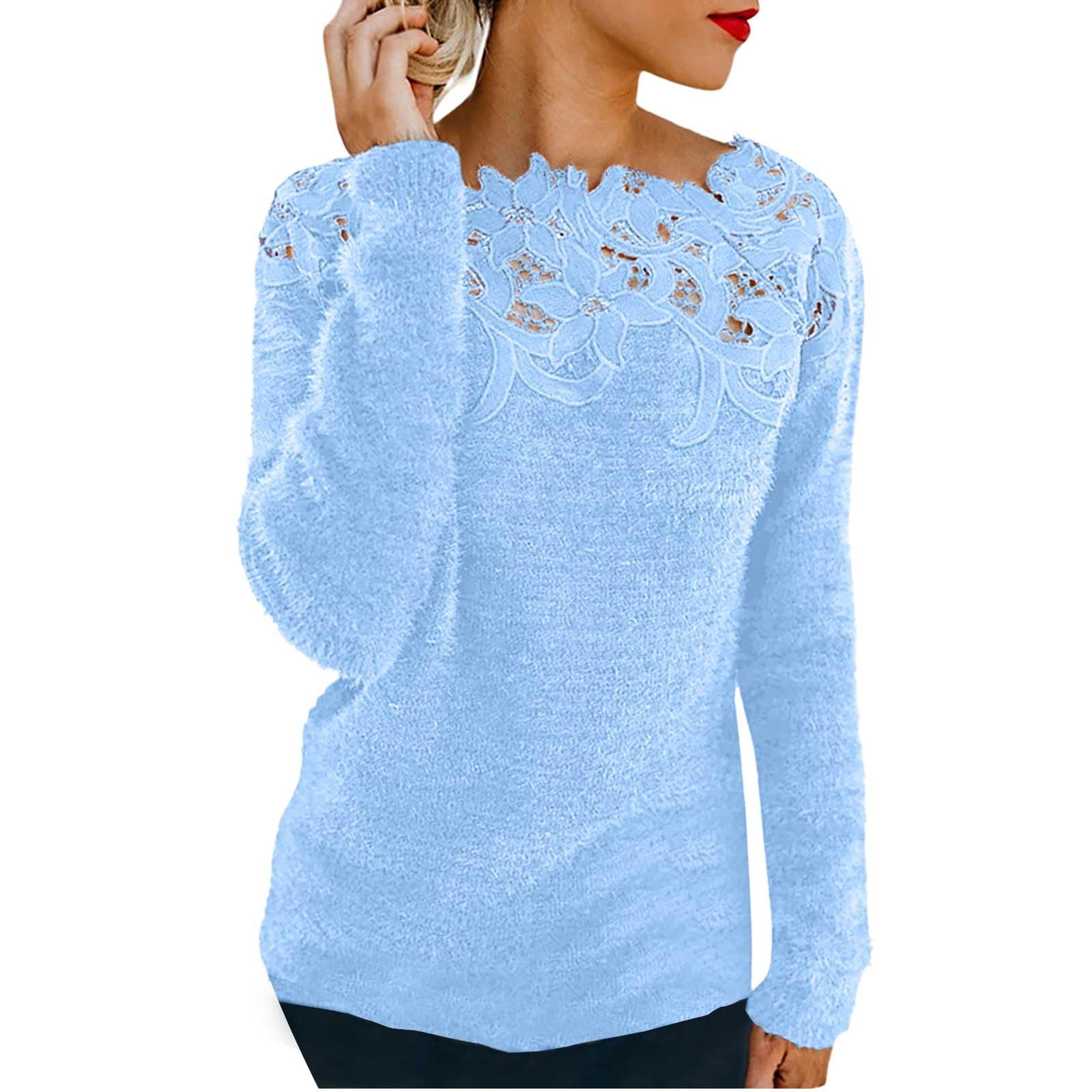 Pull Femme Chic Et Elegant Col Rond Hauts Patchwork en Dentelle Couleur Unie Sweat Polaire Hiver Chaud Manche Longue Pullover Léger DéContracté Pulls en Tricot Vetements Femme Sweater Pas Cher