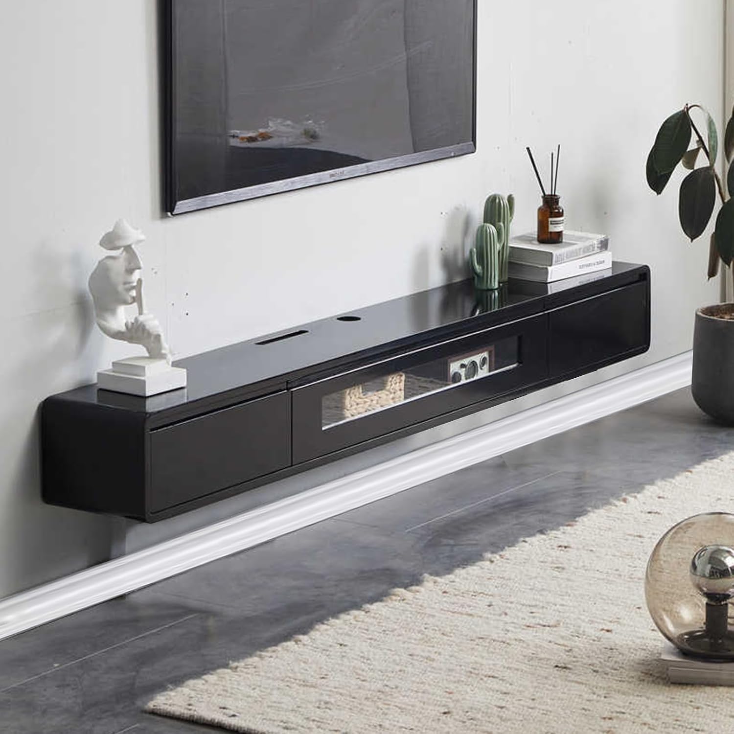 FPIGSHS TV Cabinet Floating Solid Wood with 2 Drawers 160 cm TV Lowboard Hanging with Cable Management TV Media Console for Living Room Bedroom Black 160 cm