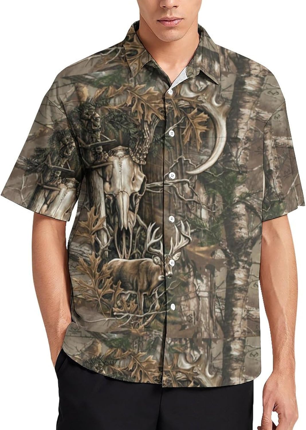 Deer Hunting Camouflage Bull Skull Men's Hawaiian Shirt Button Down Shirts Short Sleeve Causal Tops