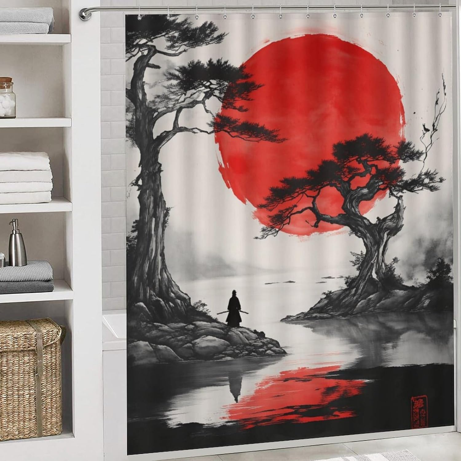 4PCS Mysterious Japanese Tree Ninja Rock Water Moon Shower Curtain Set 72W X 72L, Rustic Samurai Red Print Bathroom Decor, Toilet Lid Cover Non-Slip Rugs and U-Shaped Mat Set 12 Hooks