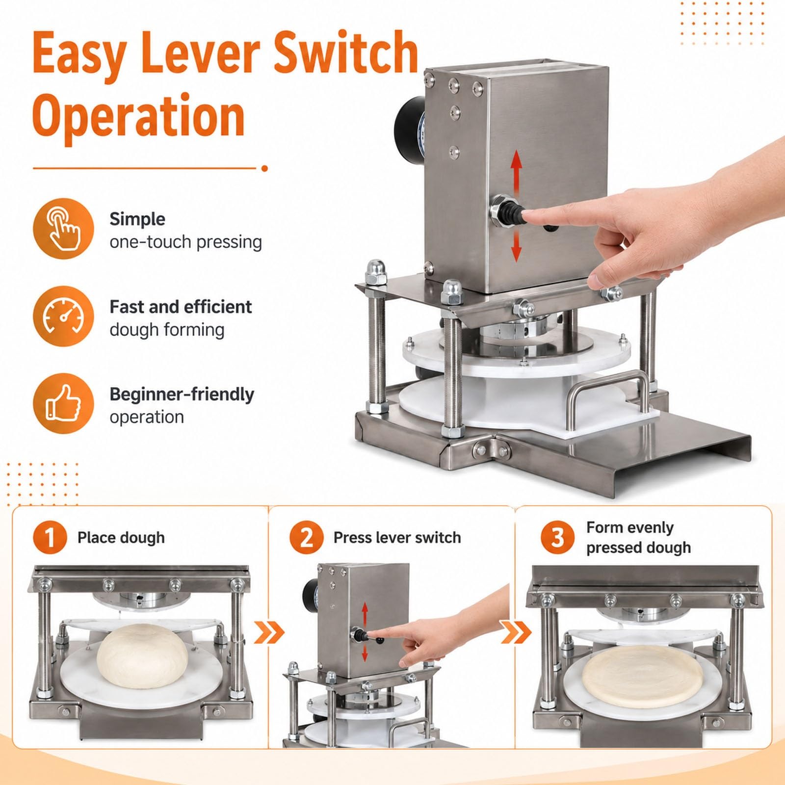 Pressa Elettrica Professionale per Impasto Pizza, Tortilla E Polpettone | Rullo per Pizza Ad Alta Velocità, 400 Pezzi, Fino a 22/25/30 Cm, Acciaio Inossidabile, Interruttore a LEVA(22cm)