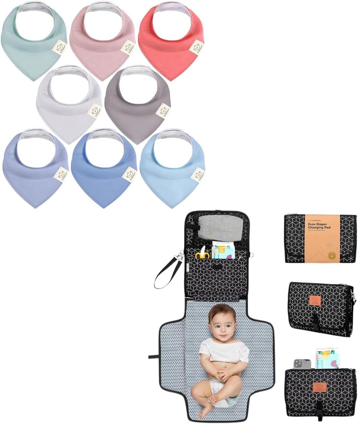 KeaBabies 8-Pack Baby Bandana Bibs, Baby Bibs and Portable Diaper Changing Pad - Drool Bibs for Baby Girl, Baby Boy - Waterproof Foldable Baby Changing Mat - Baby Bib, Girl Bib, Boy Bib
