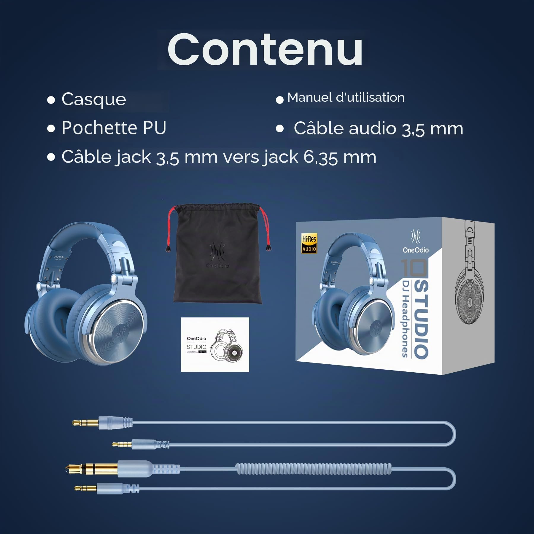 OneOdio Casque Supra-auriculaire avec câble, Haut-Parleur 50 mm, Basses, Jack 6,35 et 3,5 mm, Port de Partage, pour Studio DJ, Podcast, Moniteur, téléphone Portable, PC, MP3/4 (Pro-10 Bleu Ciel)