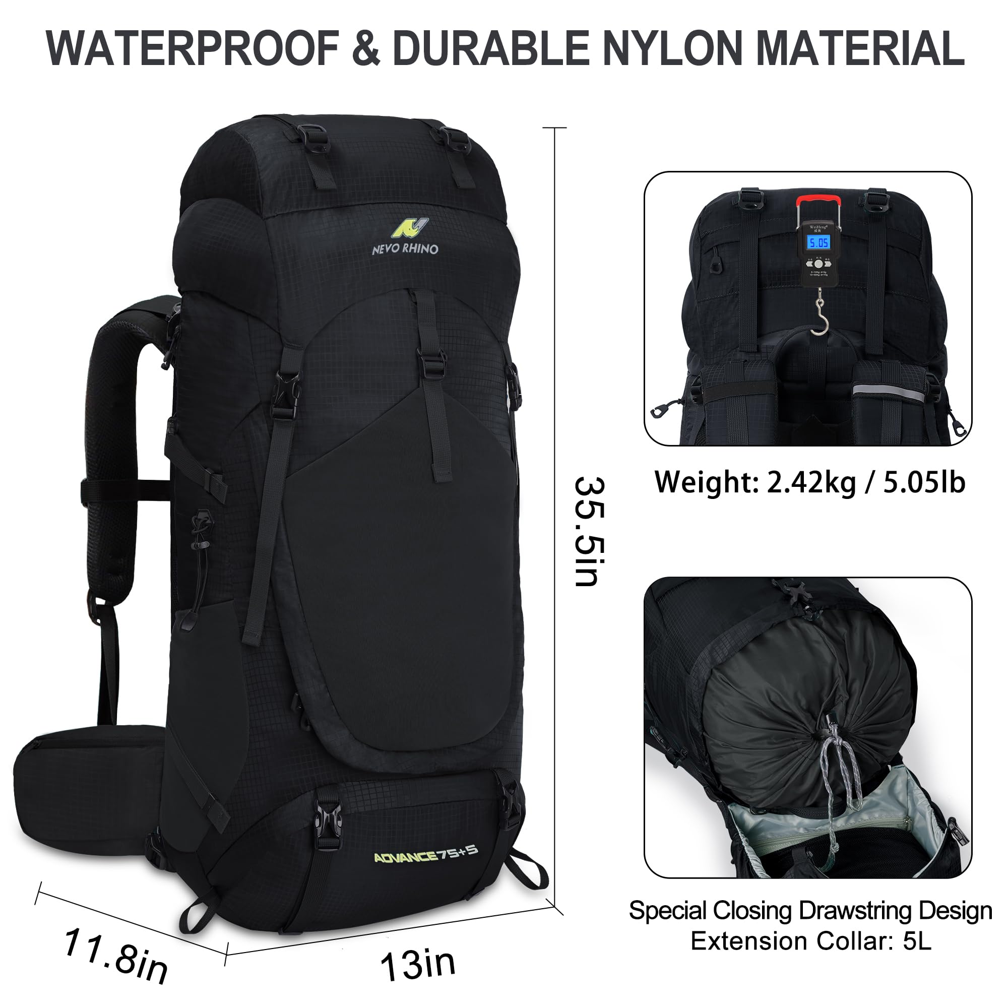NEVO RHINO plecak turystyczny, 40 l/50 l/60 l/70 l/80 l wodoodporny plecak kempingowy z plecakiem | wspinaczka górska