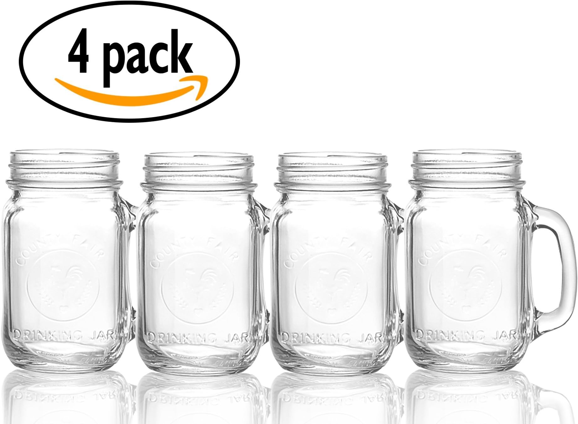 Mason Jars with Handle Coffee Mug - Set of 4 Mason Mugs 16 oz. Glassware Drinking Set Pint Core Kitchen Tea Mugs Container Large Glass Jar Gift for Men and Women Rustic County Fair Old Fashioned Style