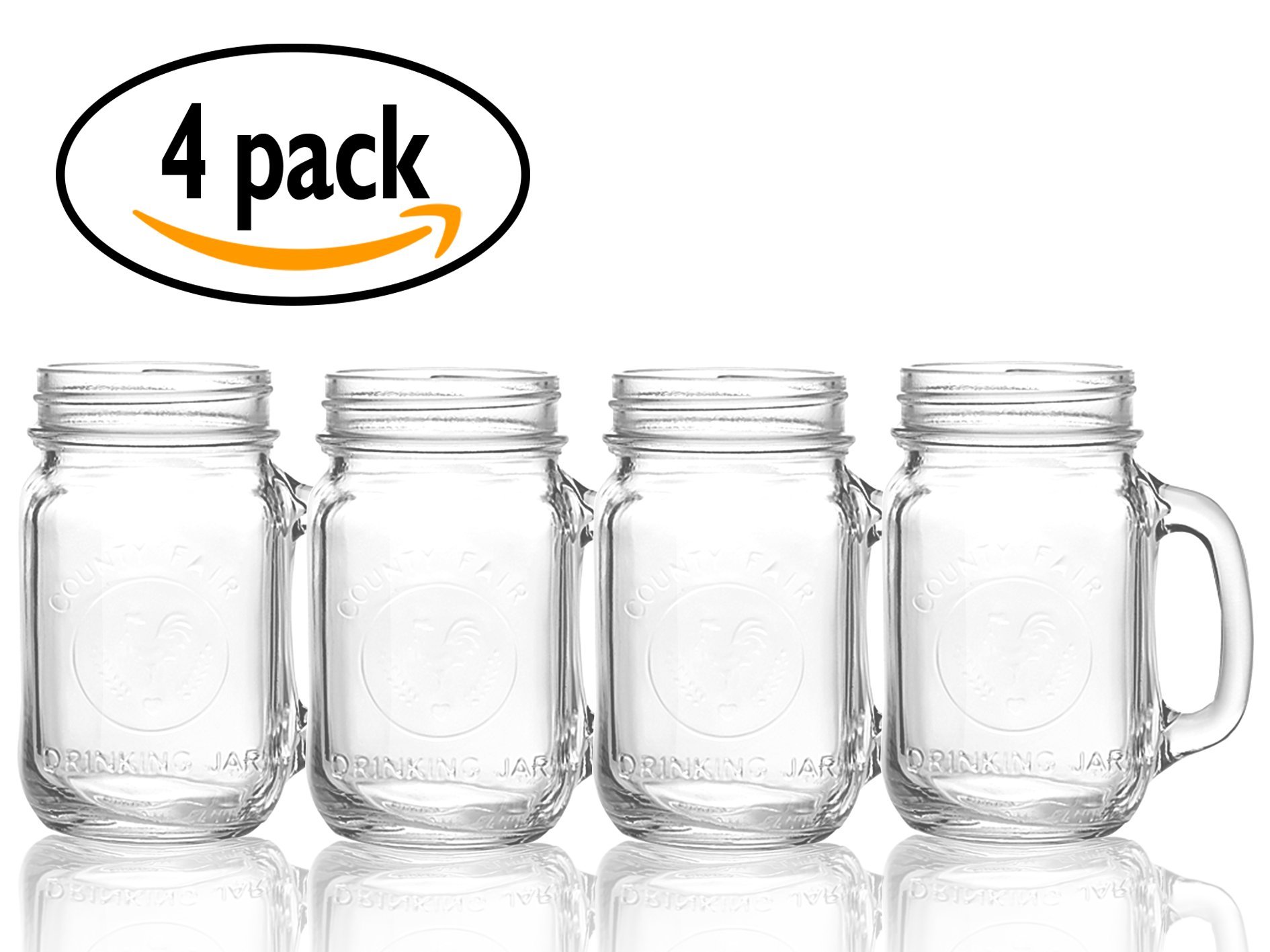 Mason Jars with Handle Coffee Mug - Set of 4 Mason Mugs 16 oz. Glassware Drinking Set Pint Core Kitchen Tea Mugs Container Large Glass Jar Gift for Men and Women Rustic County Fair Old Fashioned Style