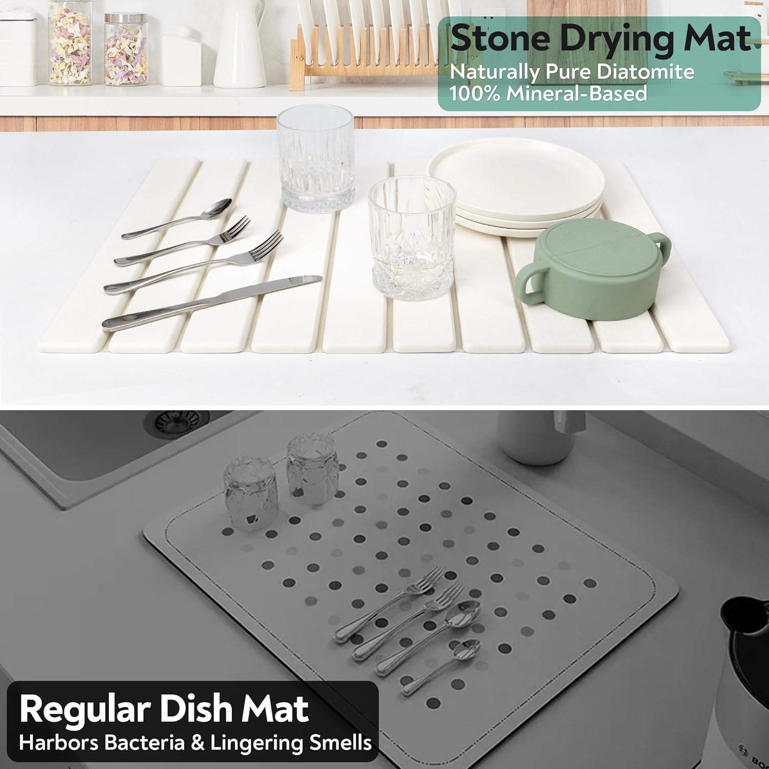 Large Stone Dish Drying Mat for Kitchen Counter , Fast Drying Collapsible Dish Drying Mat , Eco-Friendly Absorbent Diatomaceous Earth Mats for Dishes Bottles Cups Bathroom , 24"(L)×16 (W) , White